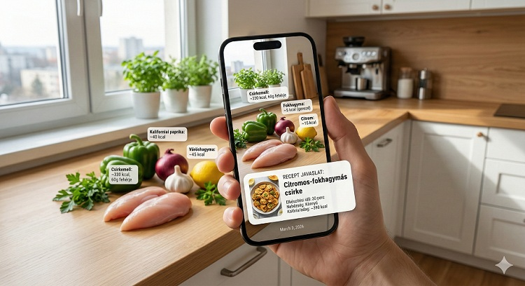 Egy modern, világos konyha, ahol egy okostelefon kamerája a pultra helyezett zöldségeket és húst nézi. A kijelzőn digitális feliratok jelennek meg a kalóriatartalomról és egy felugró ablakban egy recept javaslat látható: 'Citromos-fokhagymás csirke