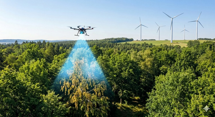 Egy buja zöld erdő felett egy apró drón lebeg, amely éppen egy beteg fát szkennel blue-light technológiával. A háttérben tiszta kék égbolt és modern szélerőművek látszanak, jelképezve a természet és technológia harmóniáját