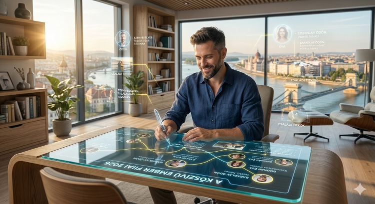 Egy modern, világos dolgozószoba, ahol egy fiatal férfi (István karakter) egy ergonomikus széken ül, előtte egy átlátszó digitális tollal ír egy interaktív kijelzőre. A kijelző körül holografikus karakterek és történet vázlatok lebegnek a levegőben. A háttérben könyvespolcok és egy ablak, ami egy inspiráló városi tájra néz