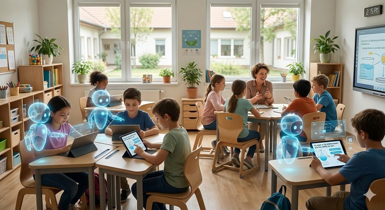 Egy modern, világos osztályterem, ahol a gyerekek tableteken tanulnak. Minden gyerek mellett egy barátságos, félig áttetsző holografikus kis segéd látható, amely segít nekik a feladatok megoldásában. A háttérben a tanár egy csoporttal beszélget