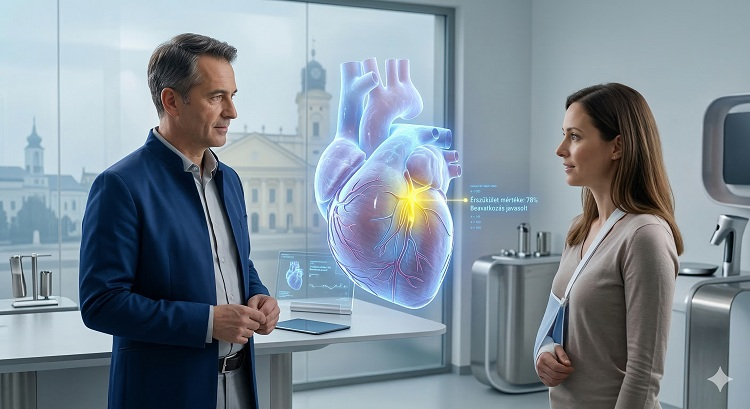 Egy futurisztikus orvosi rendelőben egy orvos és egy beteg egy nagy, lebegő 3D-s hologramot néznek, amely az emberi szívet ábrázolja minden apró részletével. Az AI éppen egy érszakaszt elemez és emel ki sárga fénnyel
