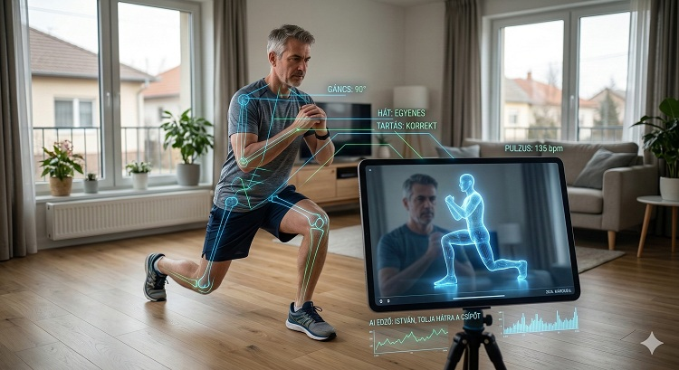 Egy modern nappali, ahol egy férfi edzőruhában éppen kitöréseket végez. Előtte egy tableten egy futurisztikus AI edző látható, amely digitális vonalakkal jelzi a helyes tartást a férfi testén