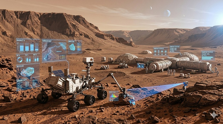 Egy futurisztikus jelenet a Mars felszínén. Egy modern rover látható, amely körül kék, holografikus adatsávok mutatják az elemzett kőzeteket és a tervezett útvonalat. A háttérben a vörös égbolt és távoli hegyek látszanak
