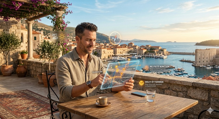 Egy fiatal férfi egy mediterrán városka teraszán ül, kezében egy átlátszó digitális kijelző, amelyen egy AI-alapú, interaktív 3D-s térkép látható. A háttérben tengerpart és történelmi épületek, a levegőben egy apró információs hologram jelzi a helyi látnivalókat