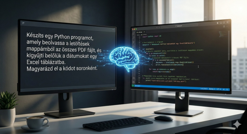 Egy modern, sötét tónusú fejlesztői környezet, ahol az egyik oldalon magyar nyelvű utasítások látszanak, a másikon pedig ragyogó, tiszta Python kód generálódik. A kettő között egy lebegő mesterséges intelligencia ikon szimbolizálja a hidat