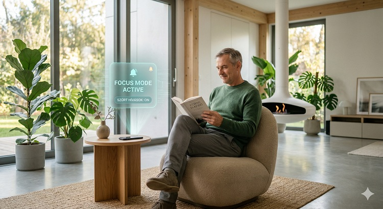 Egy nyugodt, minimalista stílusú nappali 2026-ban. Egy 50-es éveiben járó, barátságos férfi egy könyvet olvas egy kényelmes karosszékben, a telefonja pedig a távoli asztalon pihen. A telefon felett egy lágy, áttetsző holografikus ikon jelzi, hogy az AI "Focus Mode"-ban van és éppen szűri a hívásokat. A szobát természetes fény tölti be, a háttérben zöld növények látszanak.
