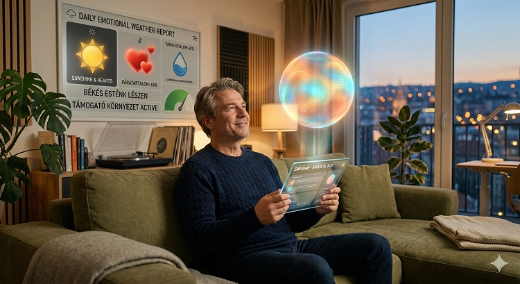 Egy meleg, barátságos hangulatú nappali 2026-ban, alkonyatkor. Egy férfi a kanapén ül, egy áttetsző táblagépet tartva. A táblagép felett egy lágyan világító, barátságos holografikus gömb (az AI érzelmi asszisztense) lebeg, amely meleg színekben játszik. A falon egy digitális kijelző látható, ami egy megnyugtató "érzelmi időjárás-jelentést" mutat (napsütés és szívek). A hangulat békés, támogató és emberközpontú.