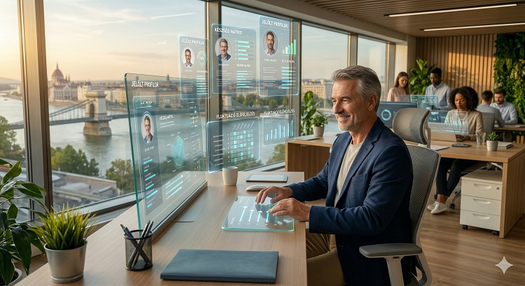 Modern, napfényes HR-iroda 2026-ban. István egy interaktív üvegkijelző előtt ül, ahol lebegő holografikus adatok és talent profilok látszanak a levegőben. A keze egy áttetsző érintőfelület felett van, amivel a jelölteket elemzi. A háttérben meleg fények és csúcstechnológiával felszerelt irodai környezet látható