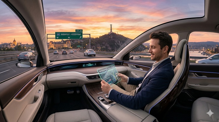 Panorámás belső kép egy luxus önvezető autóból 2026-ban, az M0-ás autópályán Budapest közelében, naplementekor. István kényelmesen ül a vezetőülés helyén, ahol nincs kormánykerék, és egy átlátszó tableten követi a forgalmi adatokat. A háttérben Gellért-hegy és a Szabadság-szobor látszik a távolban.