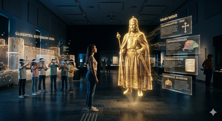 Egy sötétített, modern múzeumi terem 2026-ban. Egy nő a terem közepén áll, és egy hatalmas, életnagyságú aranyozott hologramot néz, amely István királyt ábrázolja korabeli öltözetben. A hologram mellett áttetsző információs panelek lebegnek a levegőben, amelyek az uralkodó tetteit elemzik. A háttérben egy VR szemüveges gyerekcsoport egy középkori várfalat "épít újjá" kézmozdulatokkal. A hangulat ünnepélyes és lenyűgöző.