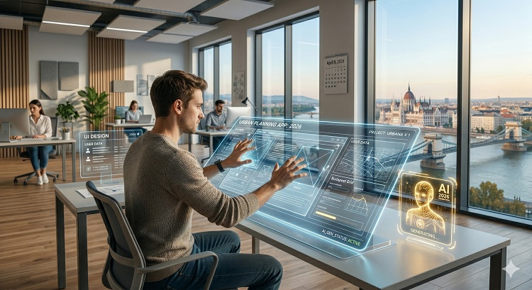 Egy modern, világos iroda 2026-ban. Egy férfi az asztalánál ül, egy nagy, ívelt, áttetsző érintőképernyő előtt. A képernyőn egy weboldal drótváza és látványterve látható, amit éppen kézmozdulatokkal alakít. Az AI-asszisztens holografikus ikonja a kijelző sarkában villog, jelezve a valós idejű generálást. A háttérben Budapest látképe tűnik fel az ablakon keresztül.