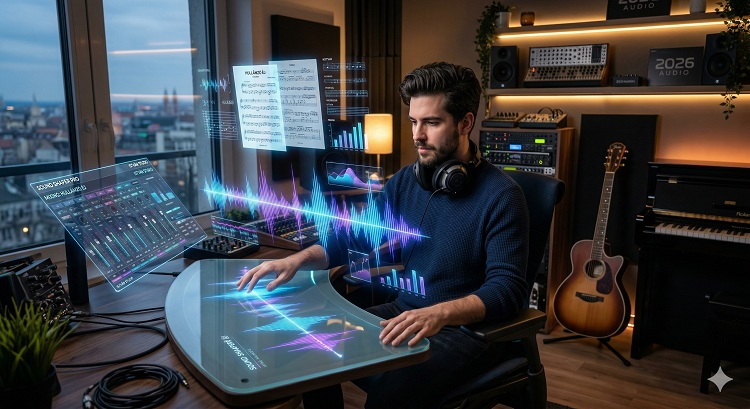 Modern, futurisztikus otthoni stúdió 2026-ban. István egy ergonomikus székben ül, előtte lebegő holografikus hullámformák és kották látszanak a levegőben. A keze egy áttetsző érintőfelület felett van, amivel a hangokat formálja. A háttérben meleg fények és klasszikus hangszerek (egy gitár és egy zongora) keverednek a csúcstechnológiával