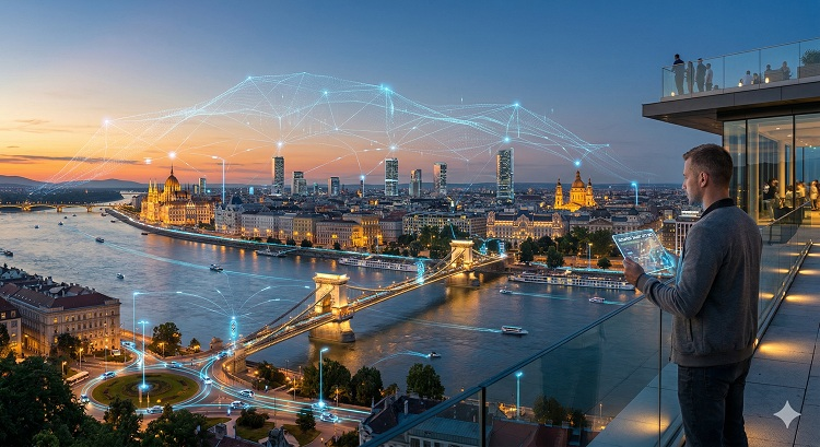 Budapest panorámája 2026 alkonyatakor a Gellért-hegy felől. A város felett finom, áttetsző kékes digitális hálók és adatfolyamok látszanak (holografikus hatás), amelyek összekötik az okos jelzőlámpákat, a közvilágítást és az utakon haladó önvezető autókat. István a háttérben, egy teraszon állva figyeli a várost egy modern táblagéppel. A kép optimizmust és technológiai harmóniát sugároz.